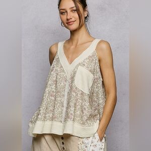 073 POL Cream Multi Floral V-Neck Tank with Contrast Trim